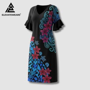 Oceanic Bloom V-Neck Flutter Dress