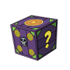 mystery box, cartoon cube, 2d illustration, thick outline, purple box, question mark symbol, skull emblem, geometric design, game item, holiday style, stylized crate, game asset, isometric perspective, simple cartoon style, loot box, decorative box, 90s style